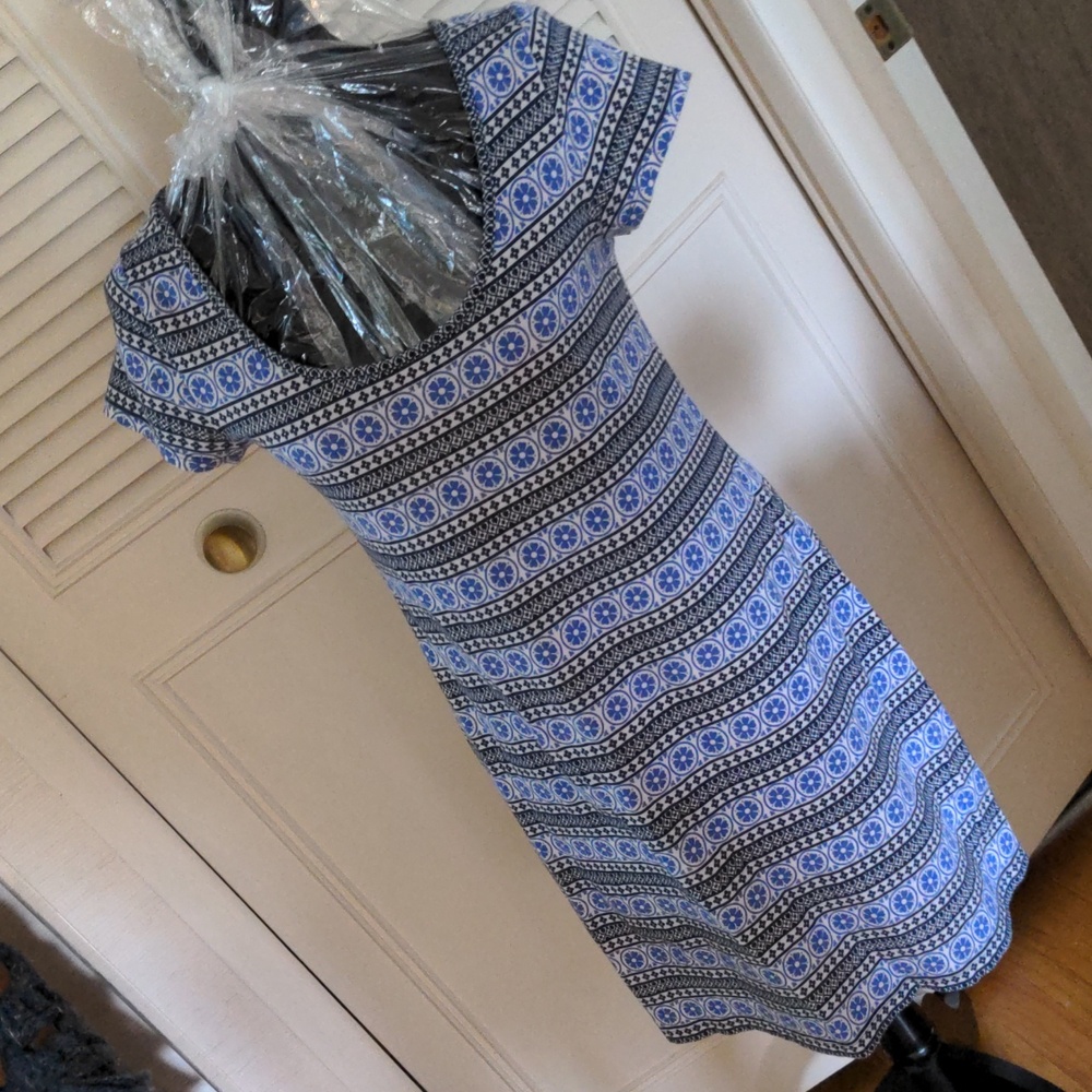GAP XS SS blue print cotton knit dress